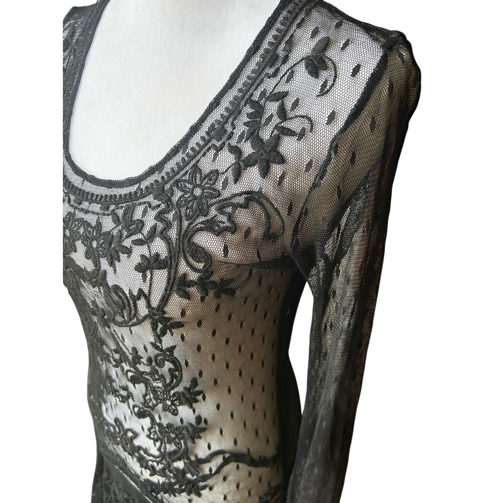 Biya by Johnny Was Black Embroidered Mesh Overlay Dress Tunic Size M - Picture 3 of 6